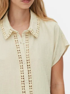 Chemises Et Blouses|Primark Chemisier à Manches Courtes Et Finitions En Crochet Grège