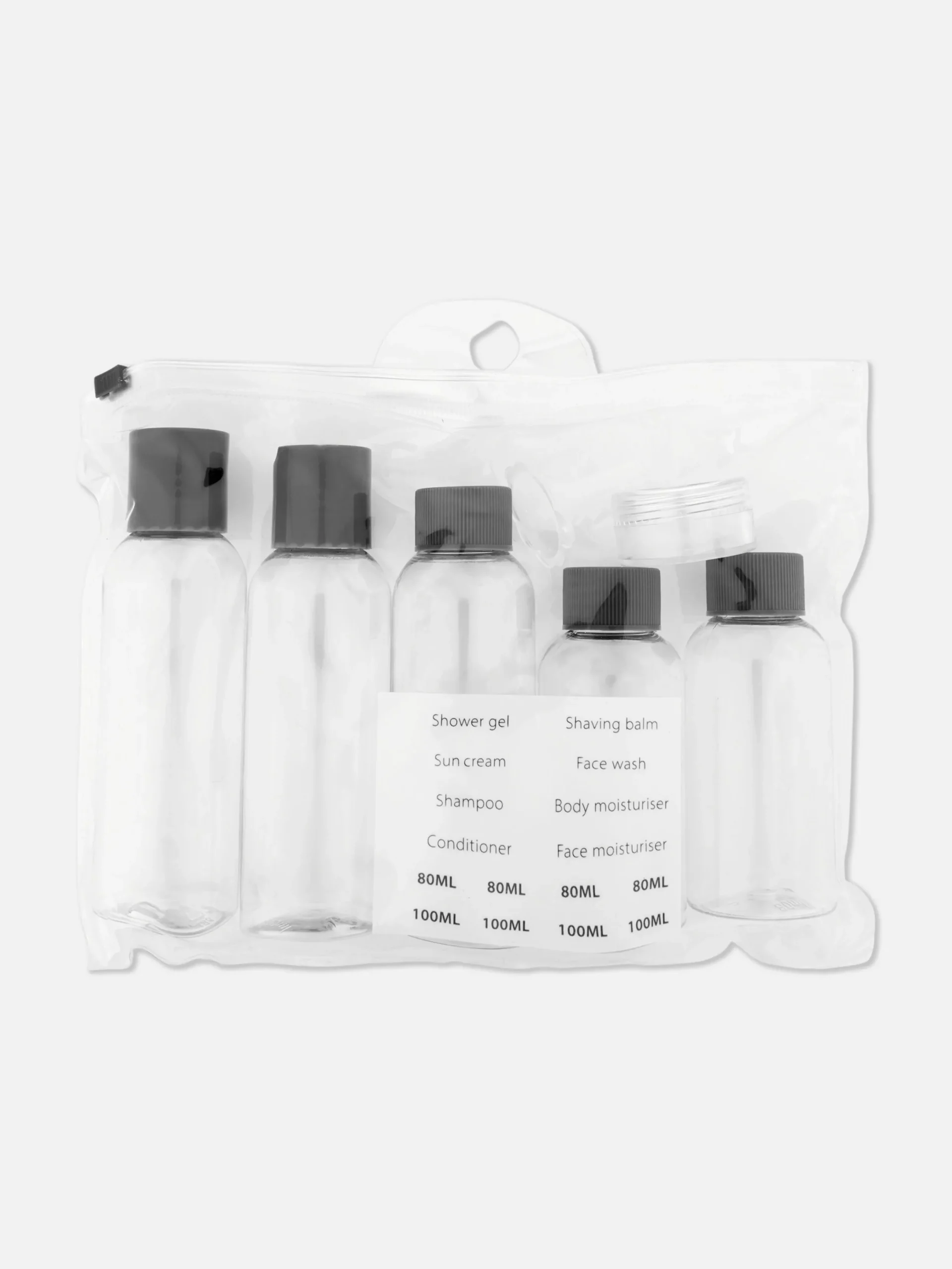 Accessoires De Soins|Accessoires Voyages|Primark Ensemble De Flacons De Voyage Et D'étiquettes Anthracite chiné