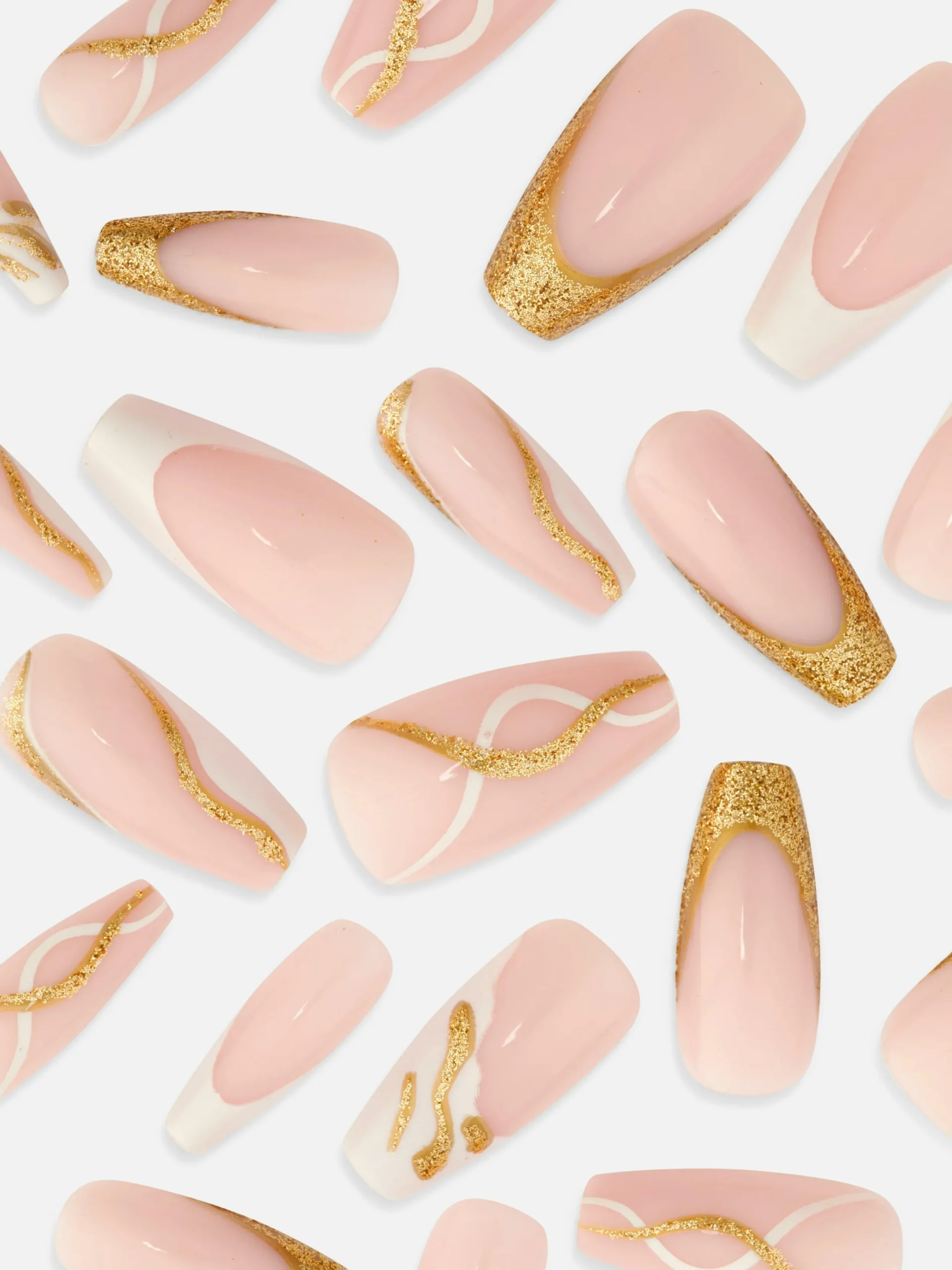 Faux Ongles|Primark Faux Ongles Pointus Glossy à Motif Tourbillons PS... Doré
