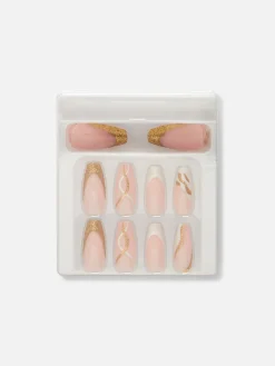 Faux Ongles|Primark Faux Ongles Pointus Glossy à Motif Tourbillons PS... Doré