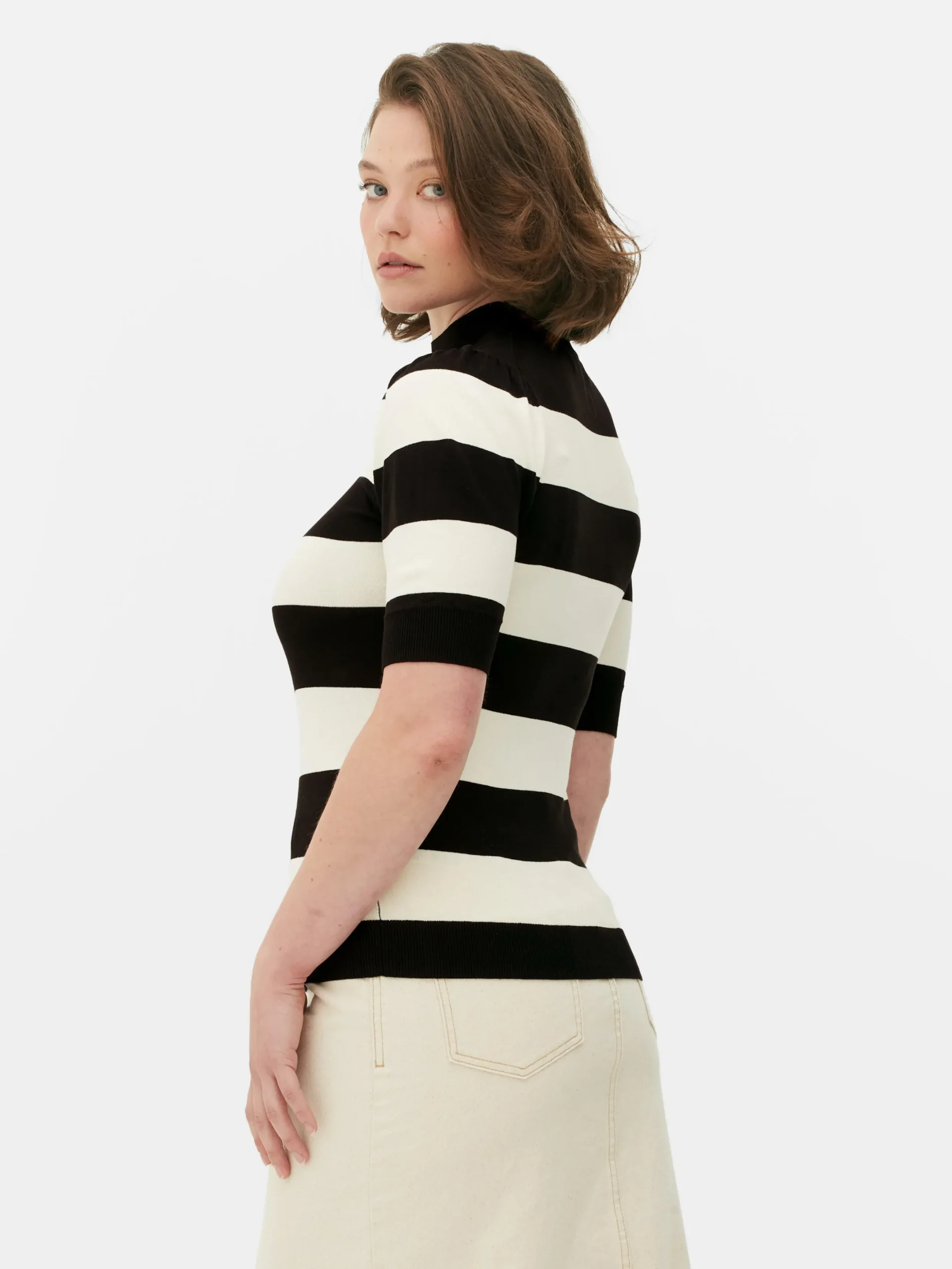 Pulls Et Gilets|Primark Haut Tricoté à Col Montant Et Manches Bouffantes Noir/Blanc