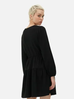 Robes|Primark Mini Robe à Smocks Avec Col En V Et Liens à Nouer Noir