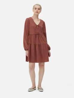 Robes|Primark Mini Robe à Smocks Avec Col En V Et Liens à Nouer Rose poudré