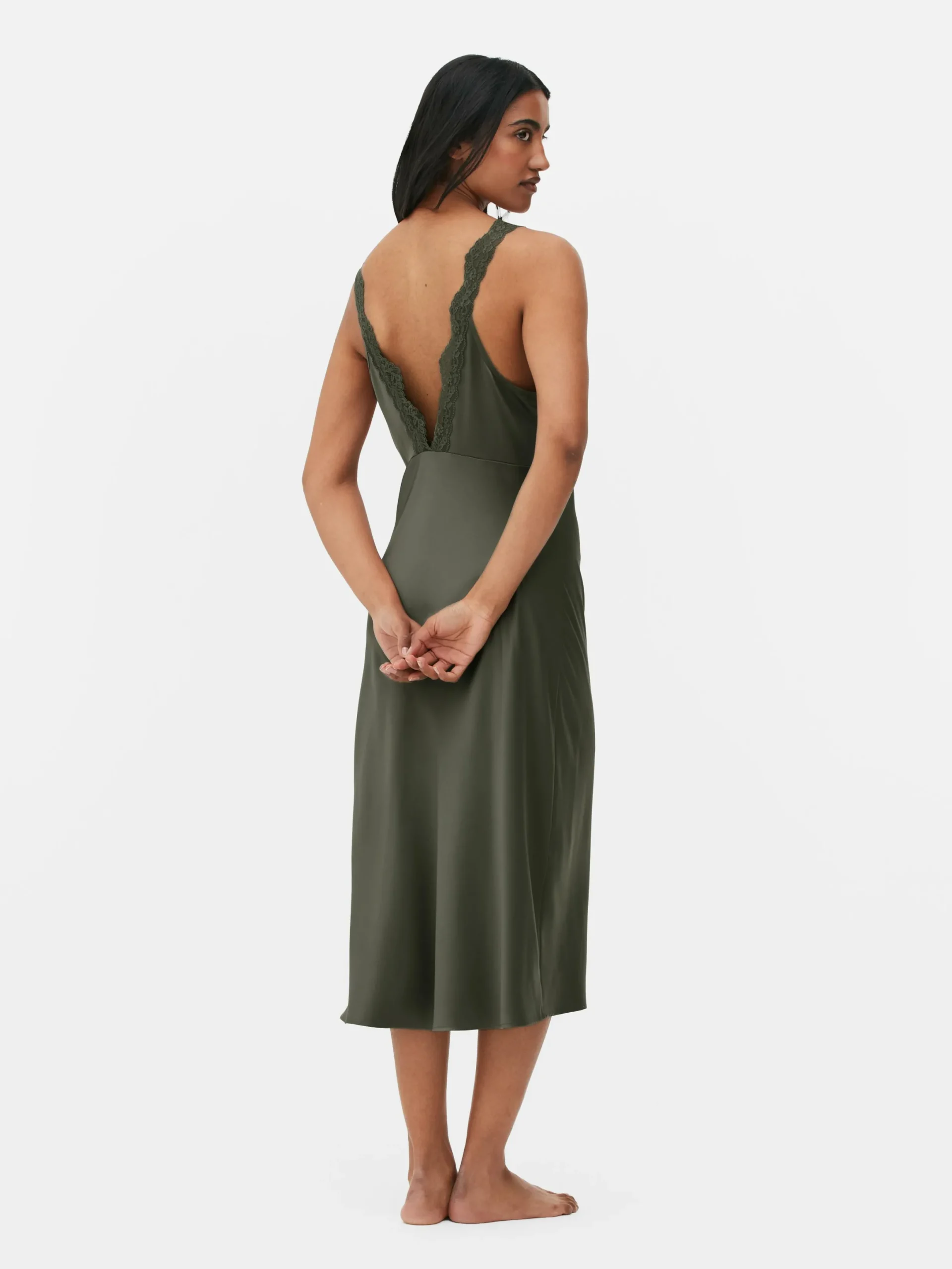 Combinaisons Et Caracos|Primark Nuisette Mi-longue En Satin à Finitions En Dentelle Kaki