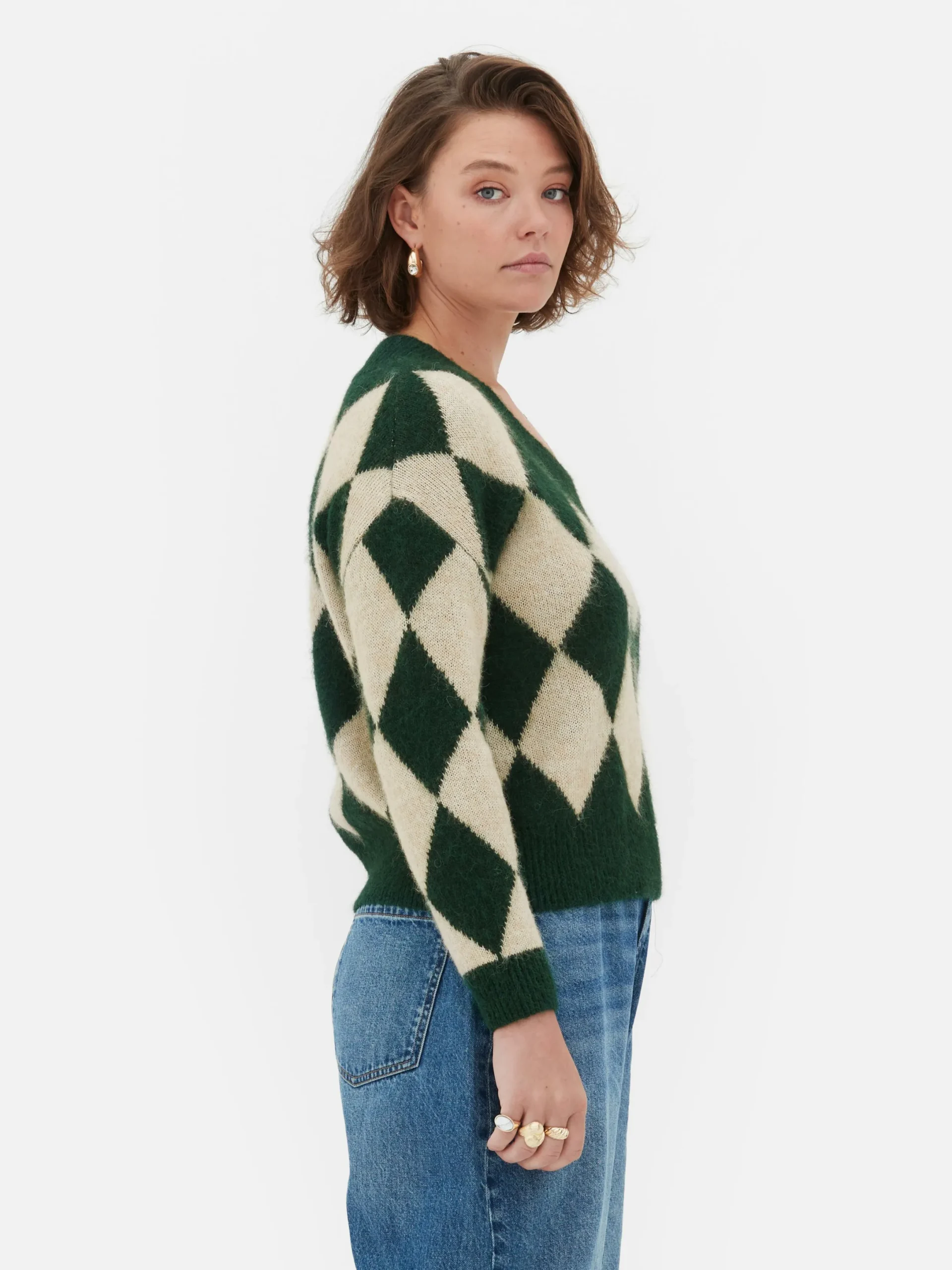 Pulls Et Gilets|Primark Pull En Maille à Col En V Et Motif Losanges Rita Ora Vert foncé
