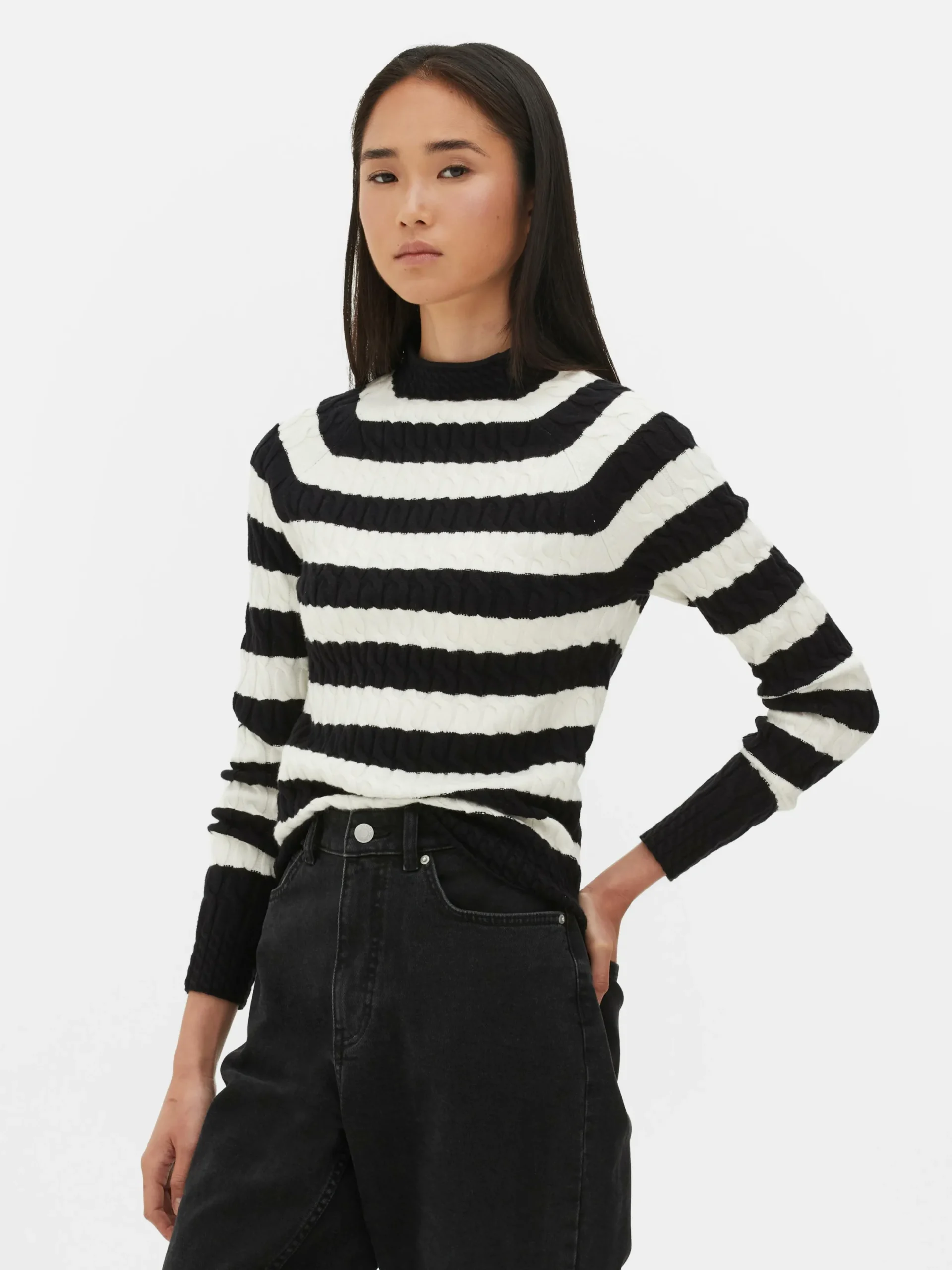 Pulls Et Gilets|Primark Pull En Maille Torsadée à Col Montant Noir/Blanc