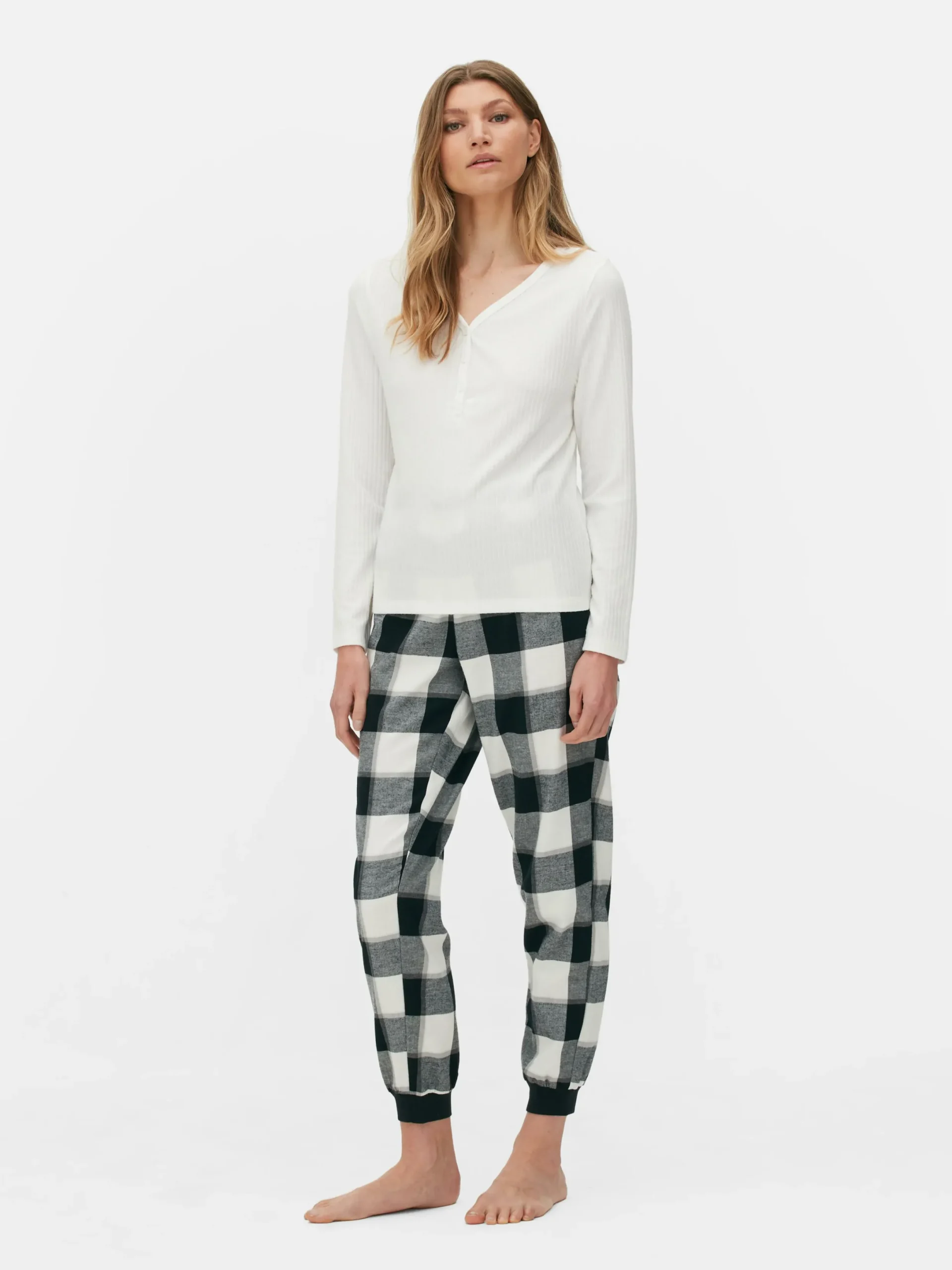 Ensembles Pyjamas|Primark Pyjama à Manches Longues Avec Bas à Carreaux Noir/Blanc