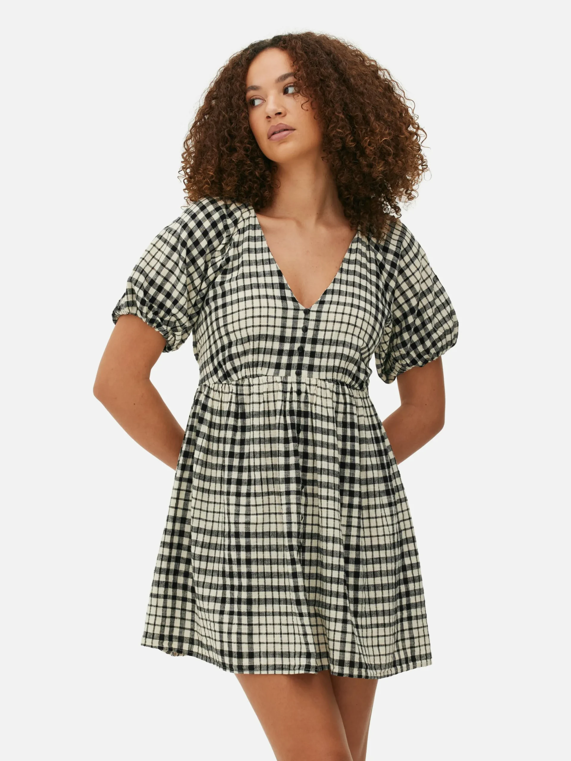 Robes|Primark Robe à Smocks, Manches Bouffantes Et Col En V Noir/Blanc
