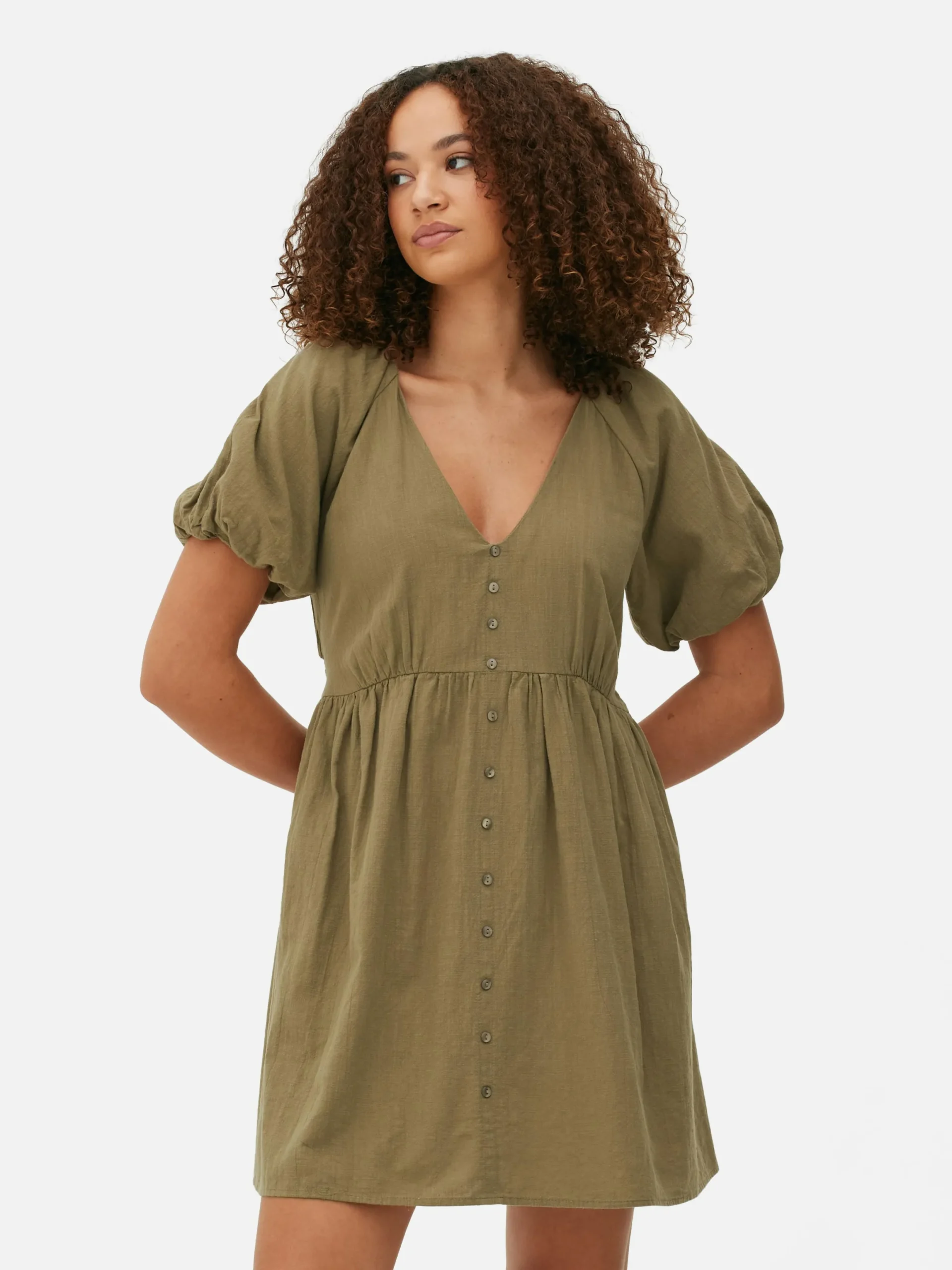 Robes|Primark Robe à Smocks, Manches Bouffantes Et Col En V Kaki