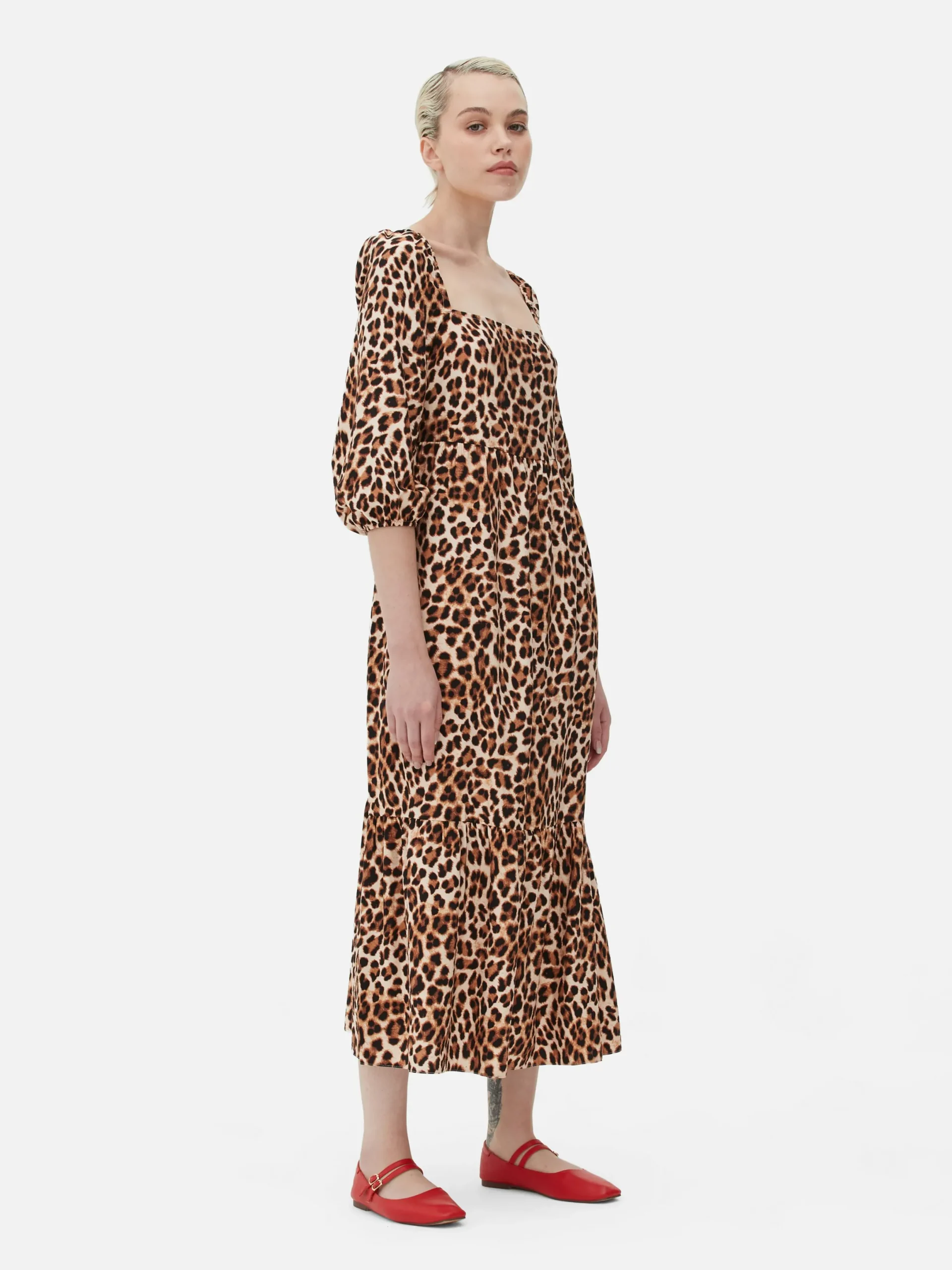 Robes|Primark Robe Mi-longue à Motif Léopard Et à Encolure Carrée Beige