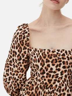Robes|Primark Robe Mi-longue à Motif Léopard Et à Encolure Carrée Beige