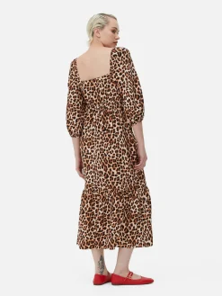 Robes|Primark Robe Mi-longue à Motif Léopard Et à Encolure Carrée Beige