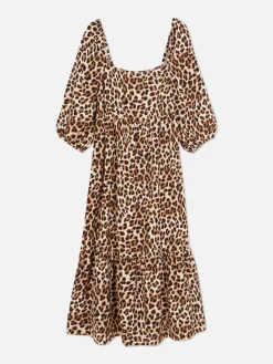 Robes|Primark Robe Mi-longue à Motif Léopard Et à Encolure Carrée Beige