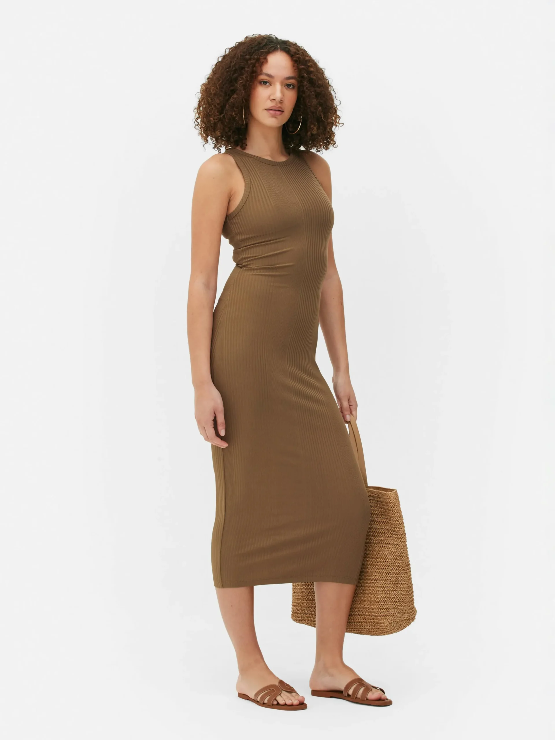 Robes|Primark Robe Mi-longue Côtelée à Dos Nageur Beige