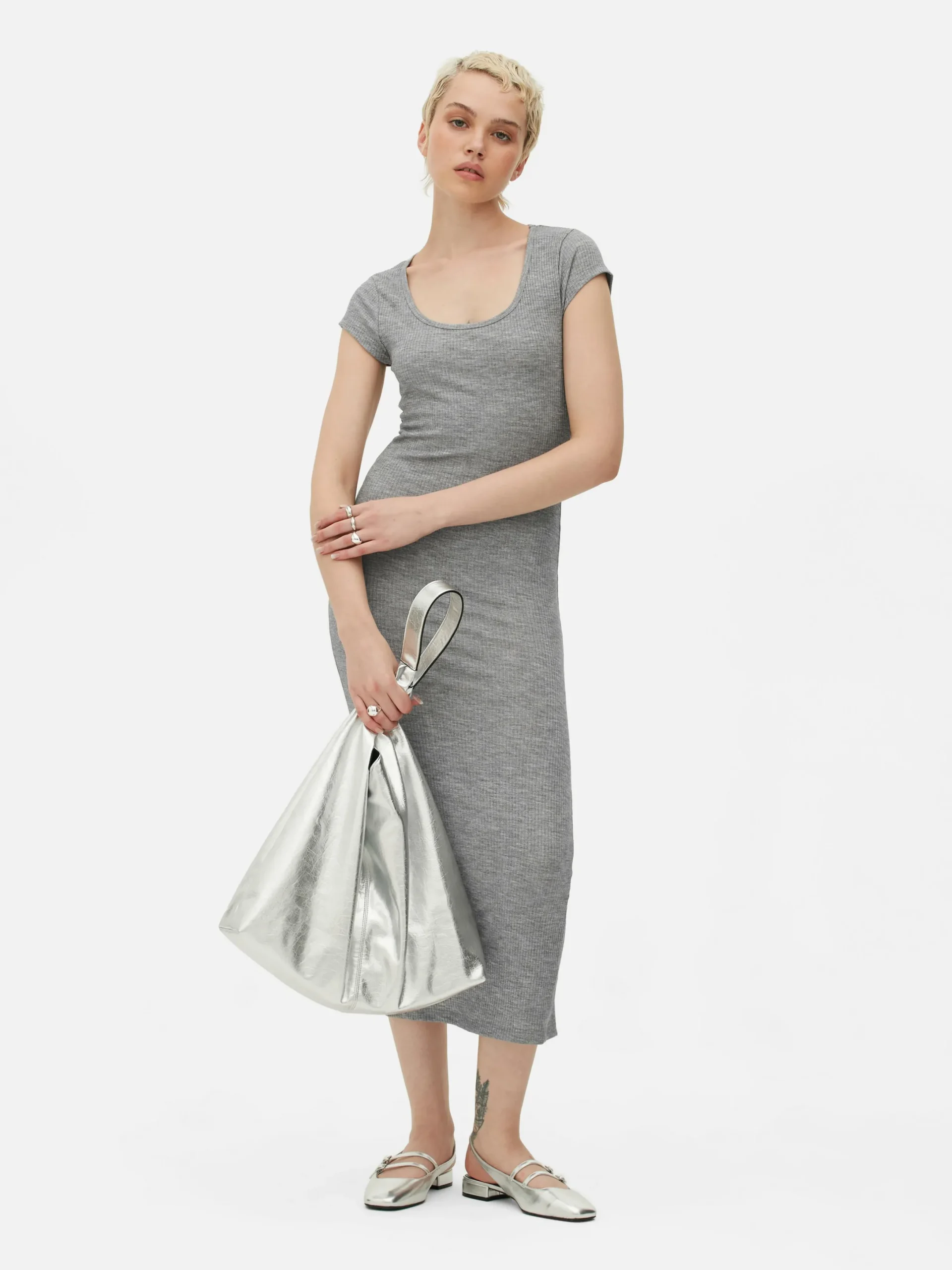 Robes|Primark Robe Mi-longue Côtelée Et Décolletée Gris