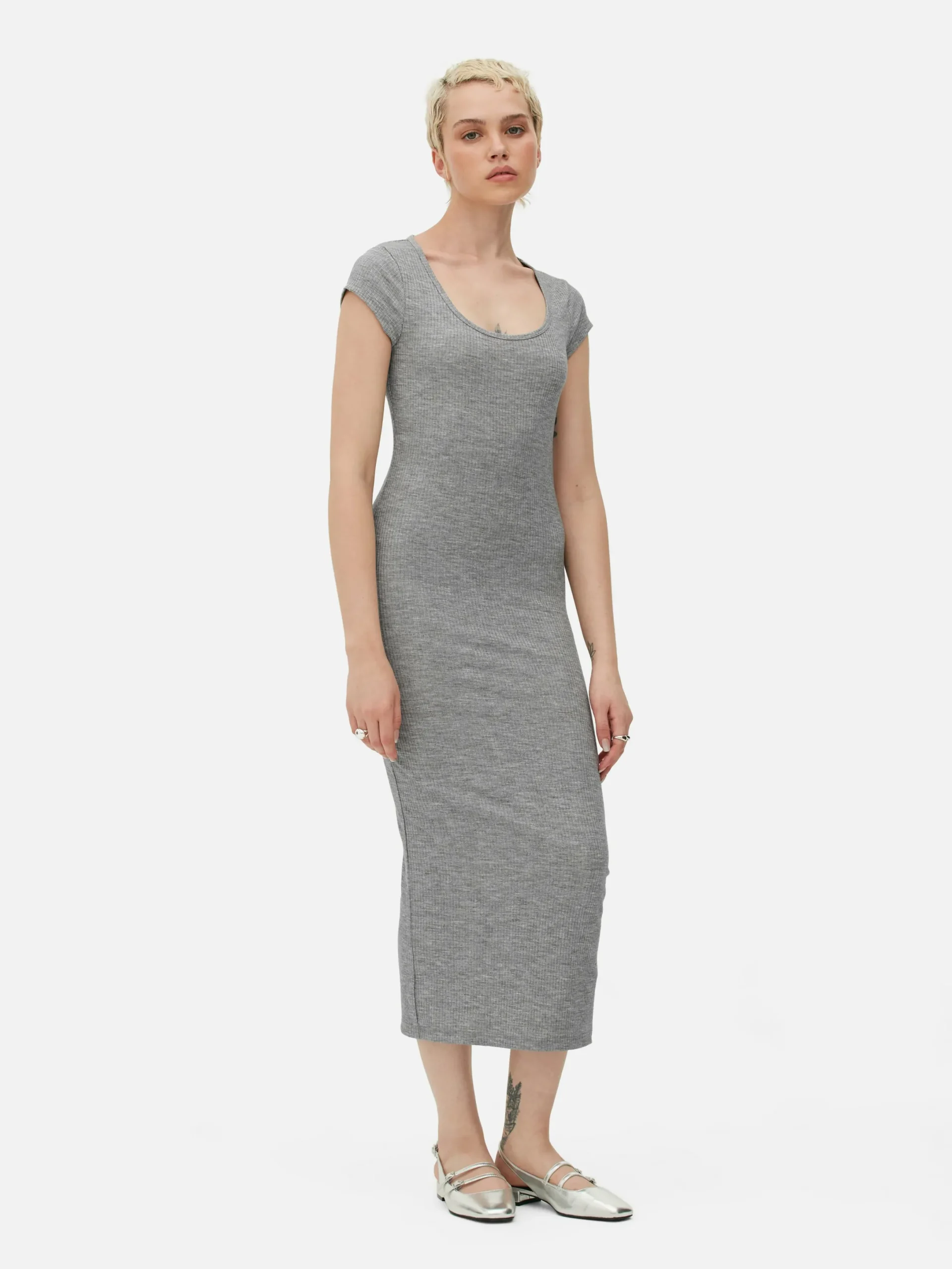 Robes|Primark Robe Mi-longue Côtelée Et Décolletée Gris