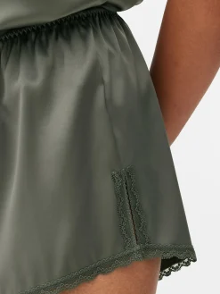 Bas De Pyjama|Primark Short De Pyjama En Satin Avec Finitions En Dentelle Kaki