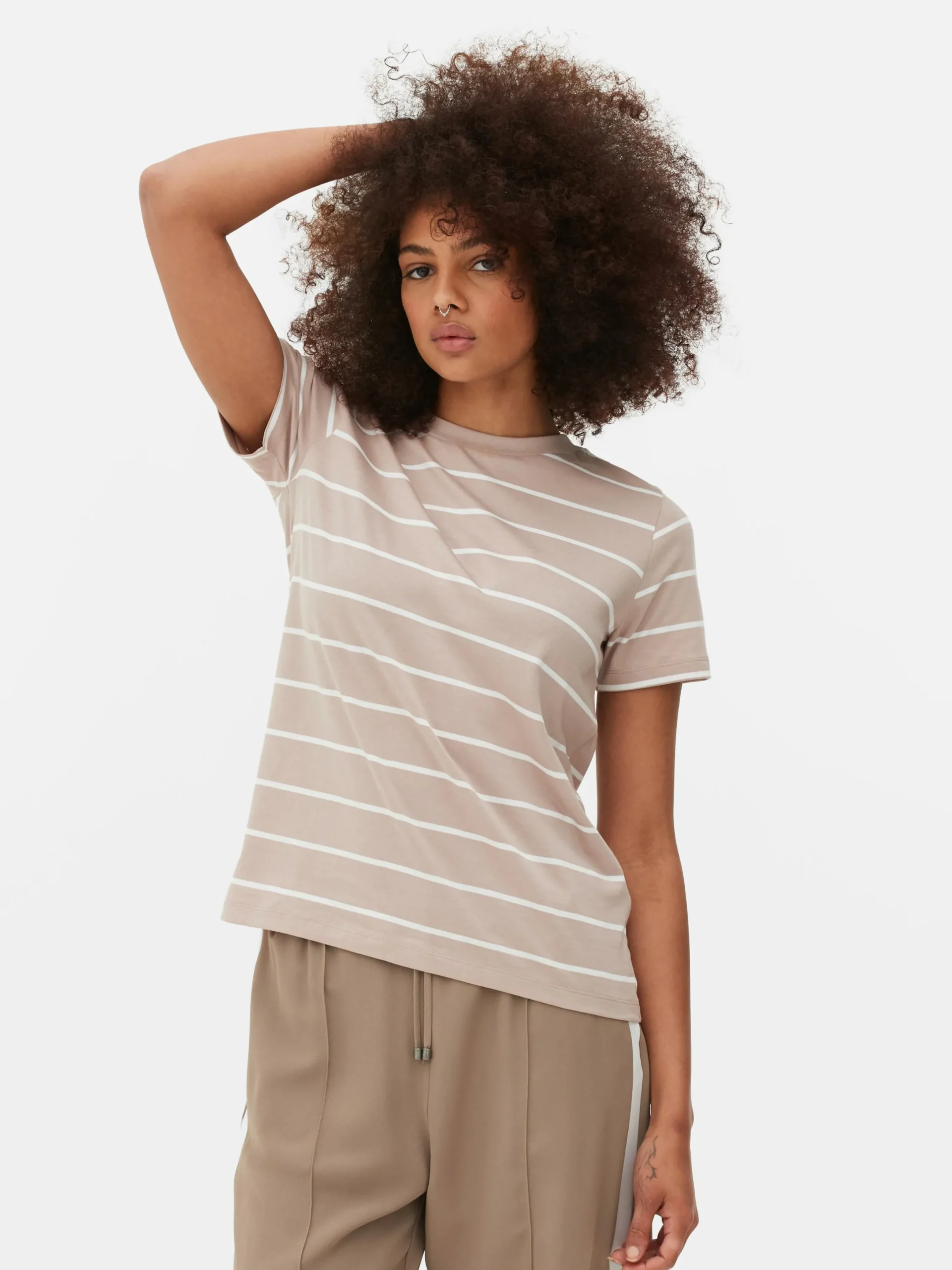 Hauts Et T-Shirts|Primark T-shirt à Rayures Et à Col Ras-du-cou Fauve