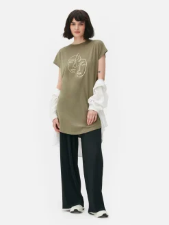 Hauts Et T-Shirts|Primark T-shirt Long à Col Ras-du-cou Kaki