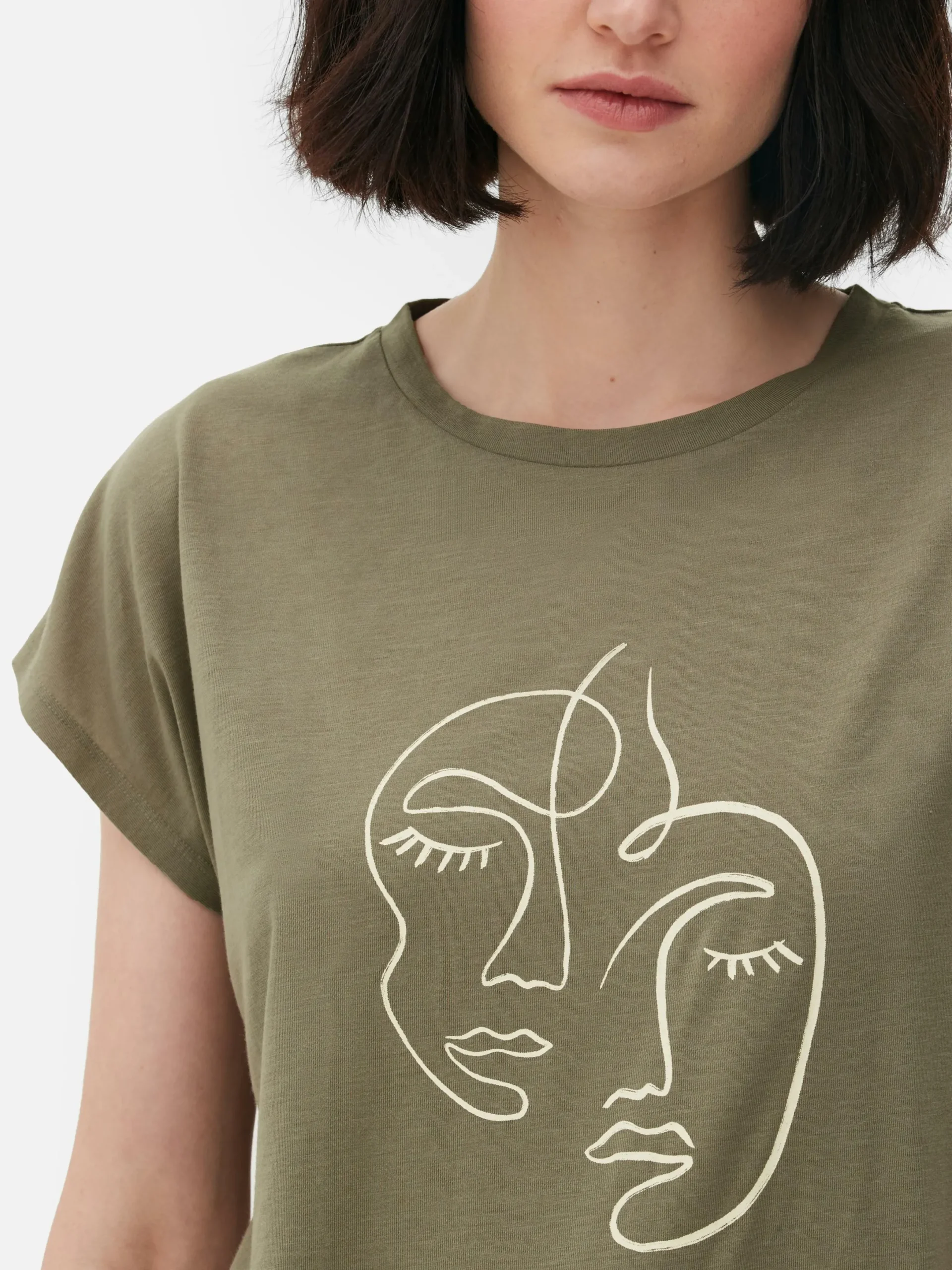 Hauts Et T-Shirts|Primark T-shirt Long à Col Ras-du-cou Kaki