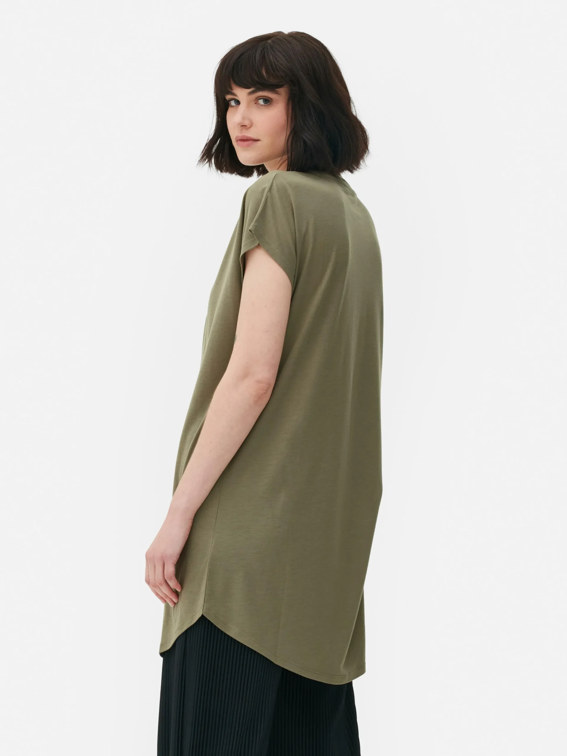 Hauts Et T-Shirts|Primark T-shirt Long à Col Ras-du-cou Kaki