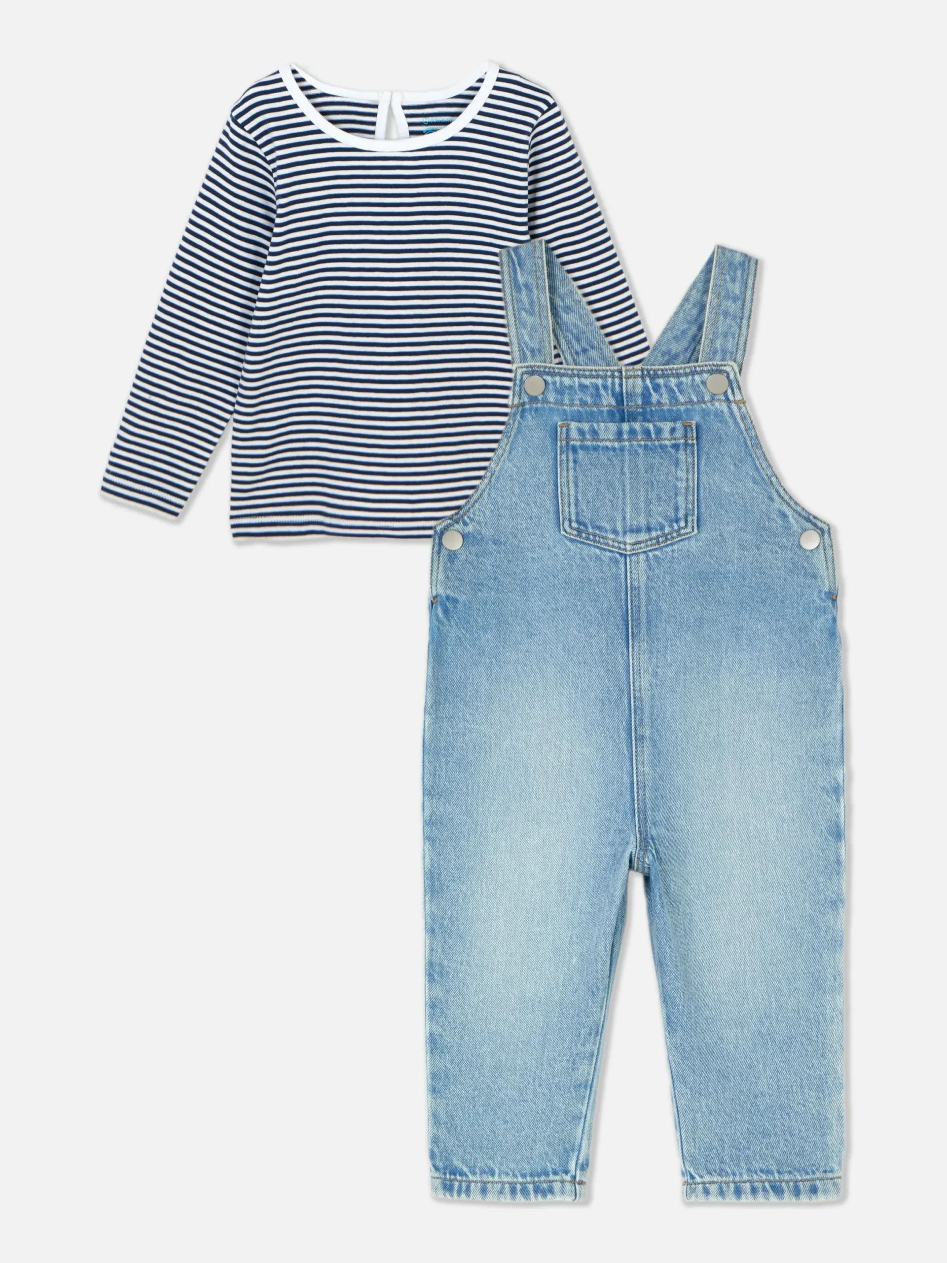 Ensembles Et Tenues|Primark T-shirt Rayé à Manches Longues Et Salopette En Denim Bleu moyen