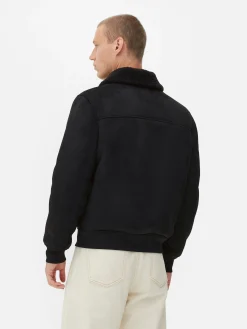 Manteaux Et Vestes|Primark Veste En Suédine à Col Effet Mouton Retourné Noir